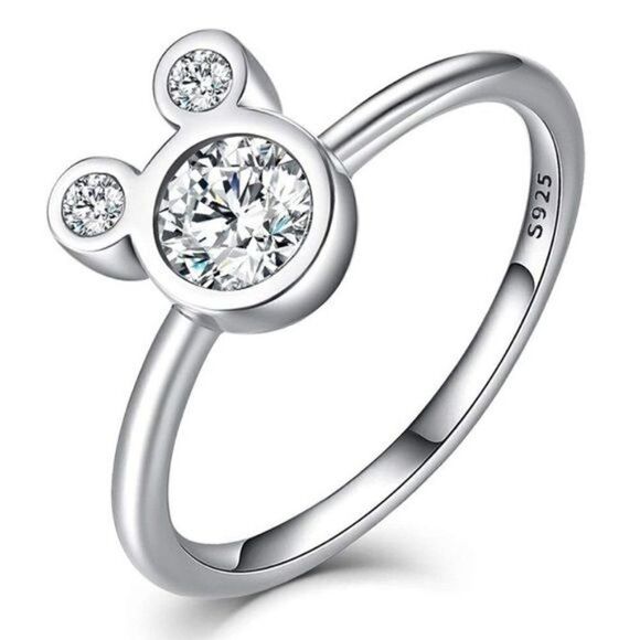 .925 Sterling Silver with White Diamond Cubic Zirconia Mickey Mouse Ring Size 6 - Picture 1 of 6